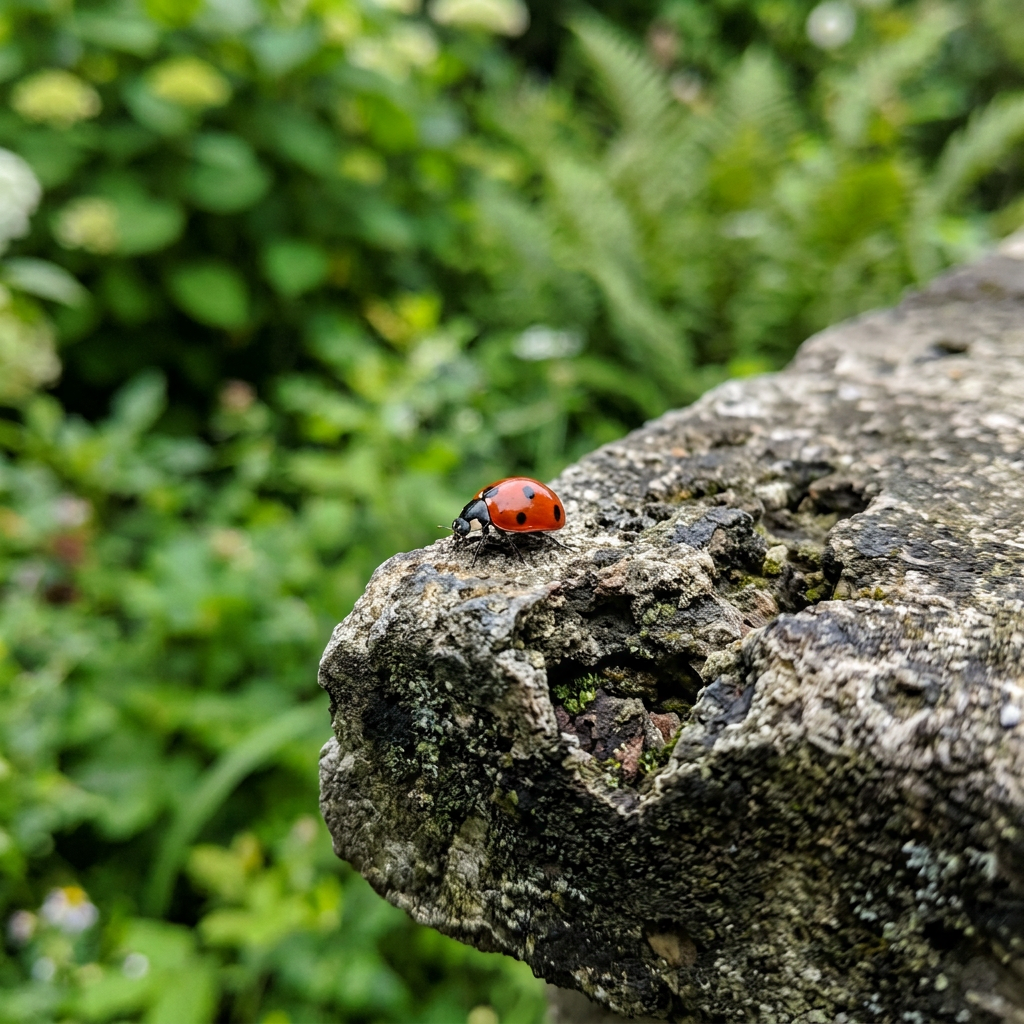 Red ladybug crawling across a moss-covered weathered log