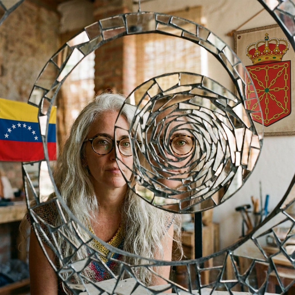 Woman viewed through a circular mirrored mosaic sculpture